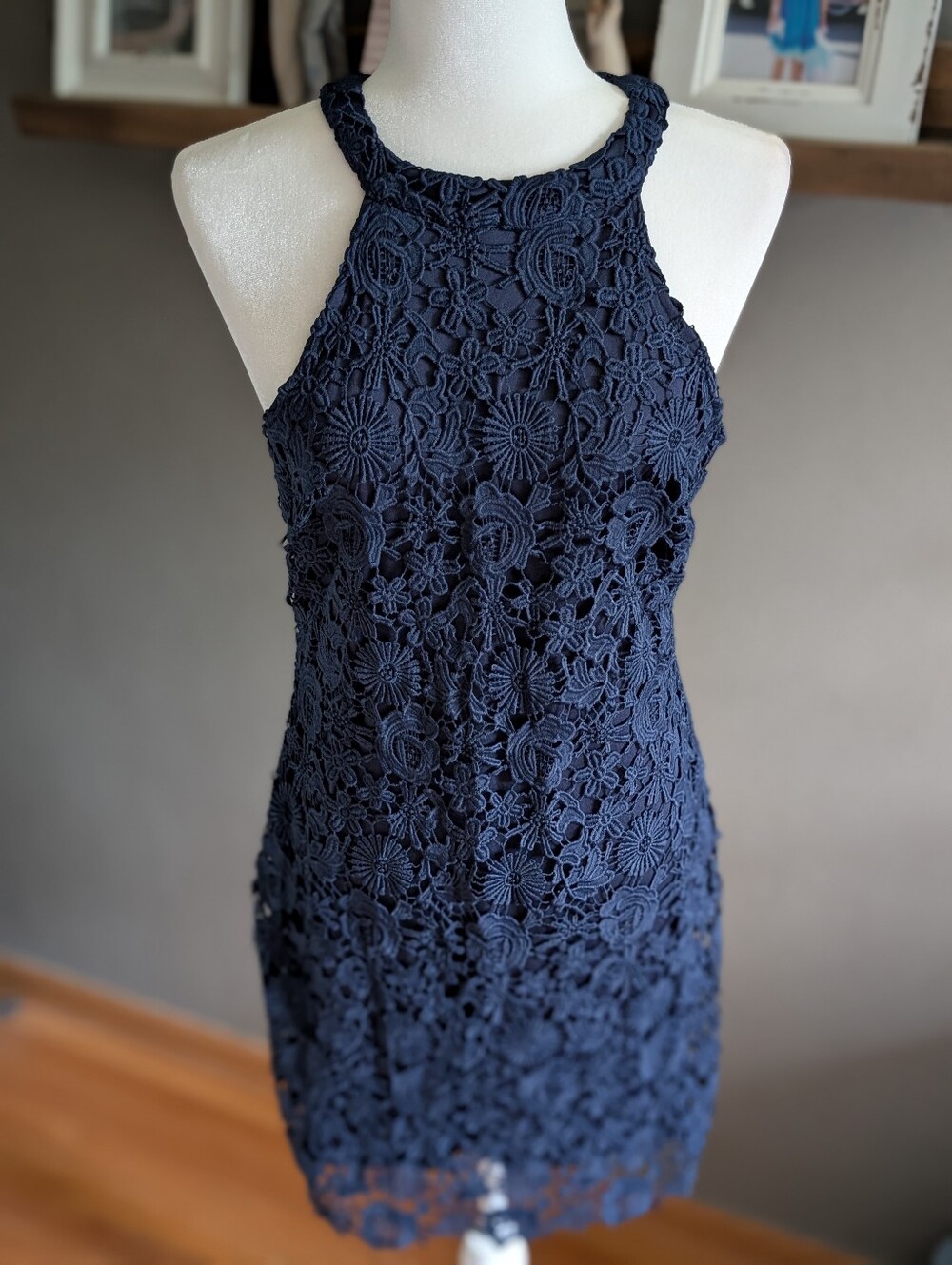 Lulus Large Navy Blue Floral Lace Halter Mini Dress Wedding Guest Cocktail Event